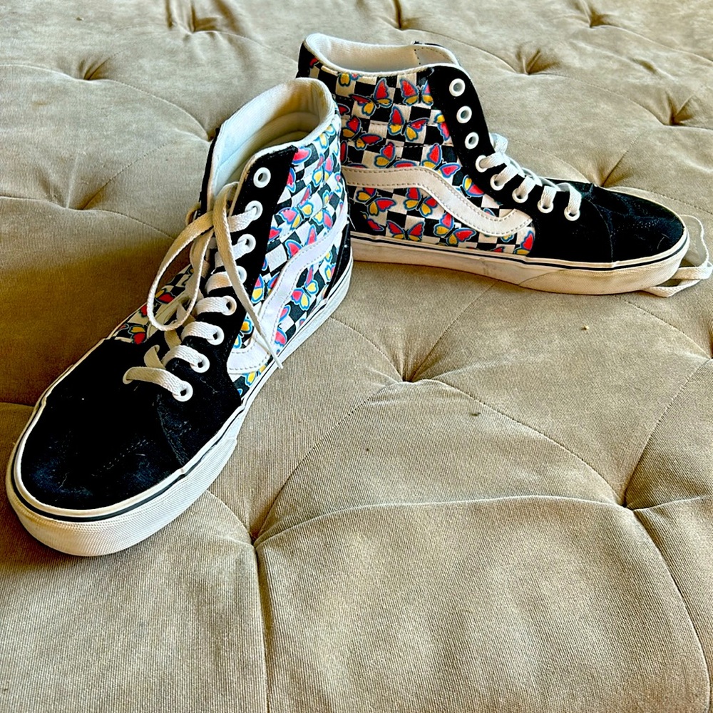 Vans high top old school shoes with butterflies.